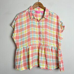 Isaac Mizrahi Top Womens Large Pastel Plaid Linen Peplum Button Front Shirt L